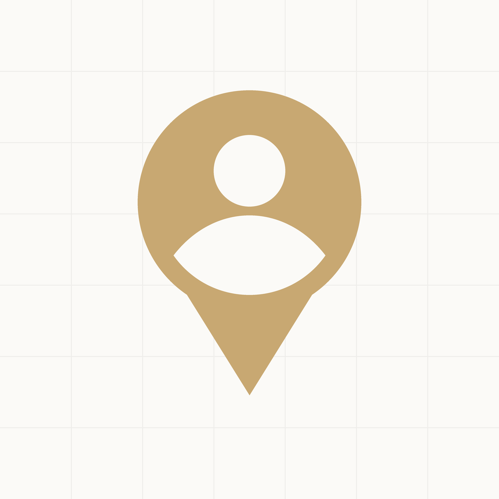 MapMyContacts app icon: a gold map pin with a person silhouette on an ivory map background