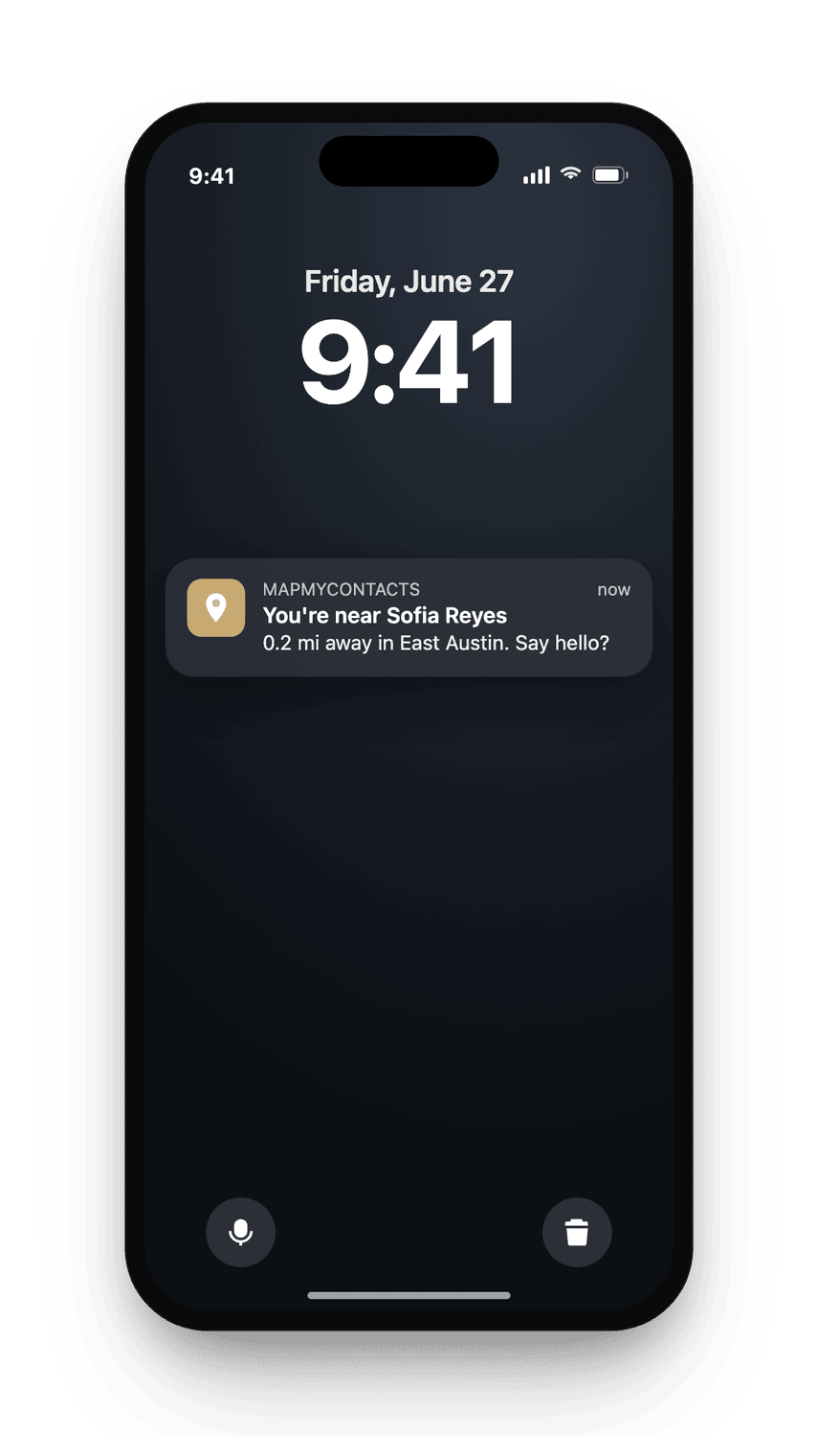 A Lock Screen proximity nudge in dark mode: you are near Sofia Reyes.