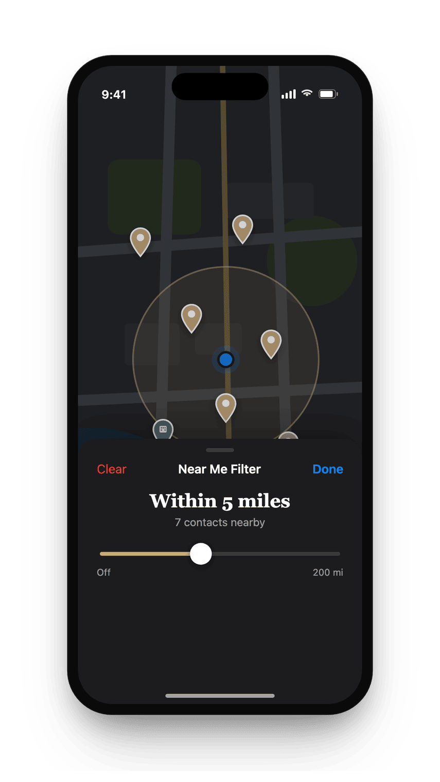 The Near Me distance filter in dark mode.