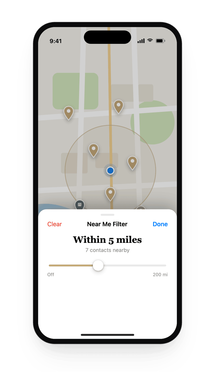 The Near Me filter set to within 5 miles, showing 7 contacts nearby on the map.