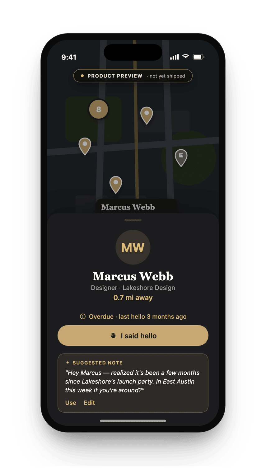 Concept mockup of the suggested reconnect note, dark theme.