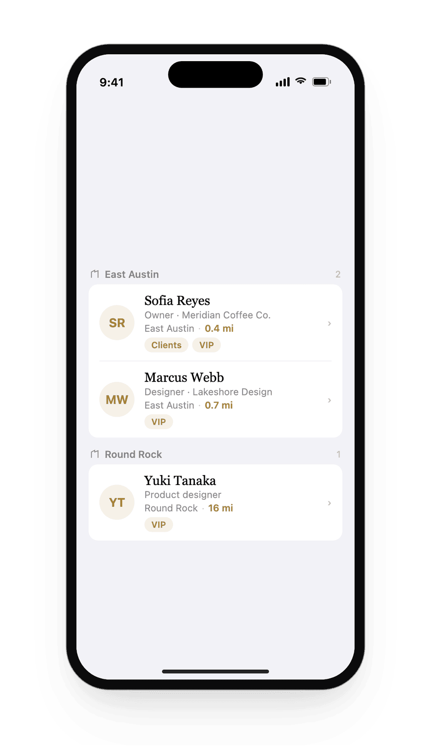 The Nearby list filtered to a VIP tag, with tag chips shown on each contact row.