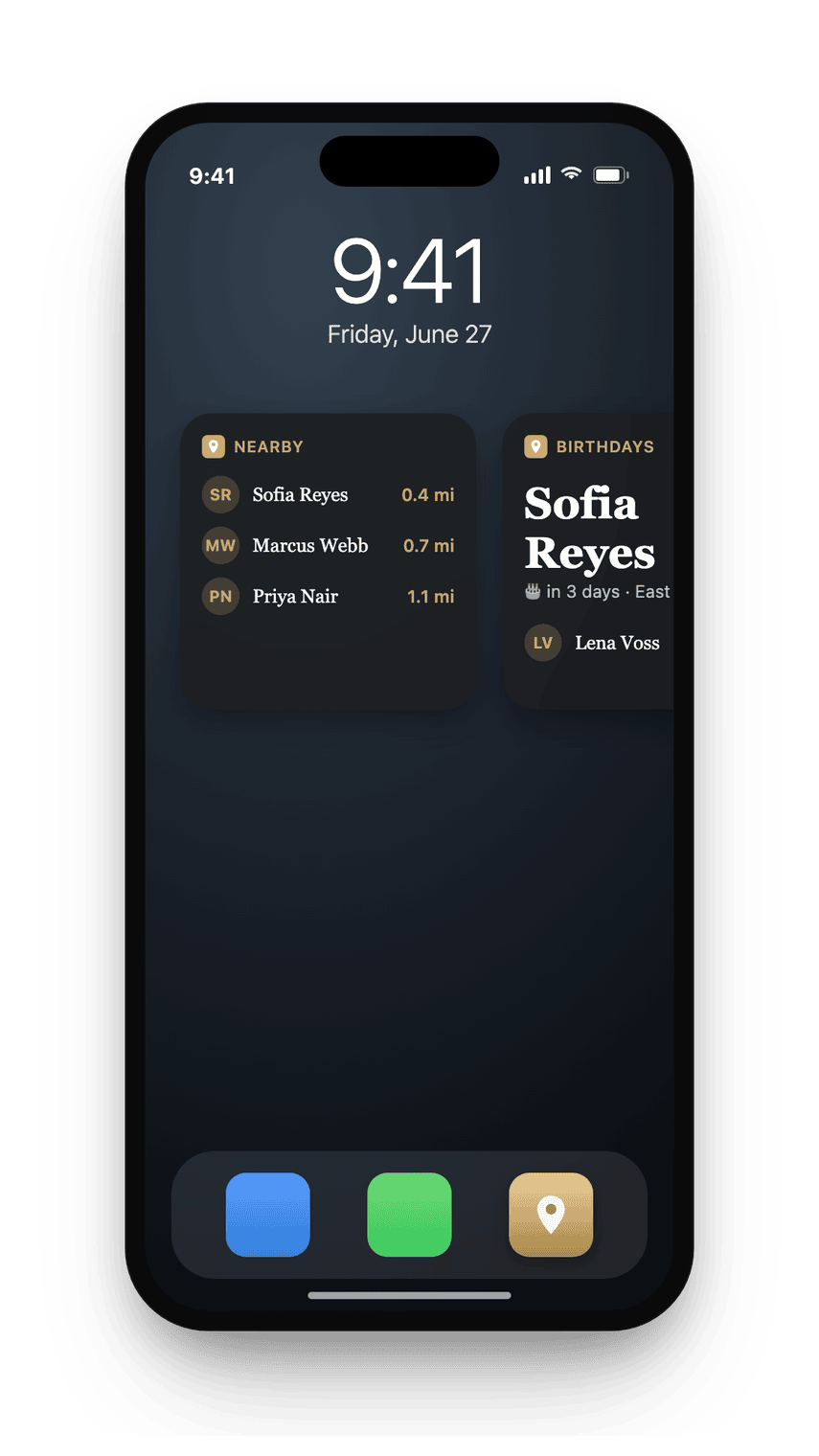Home Screen widgets in dark mode showing nearby contacts and birthdays.