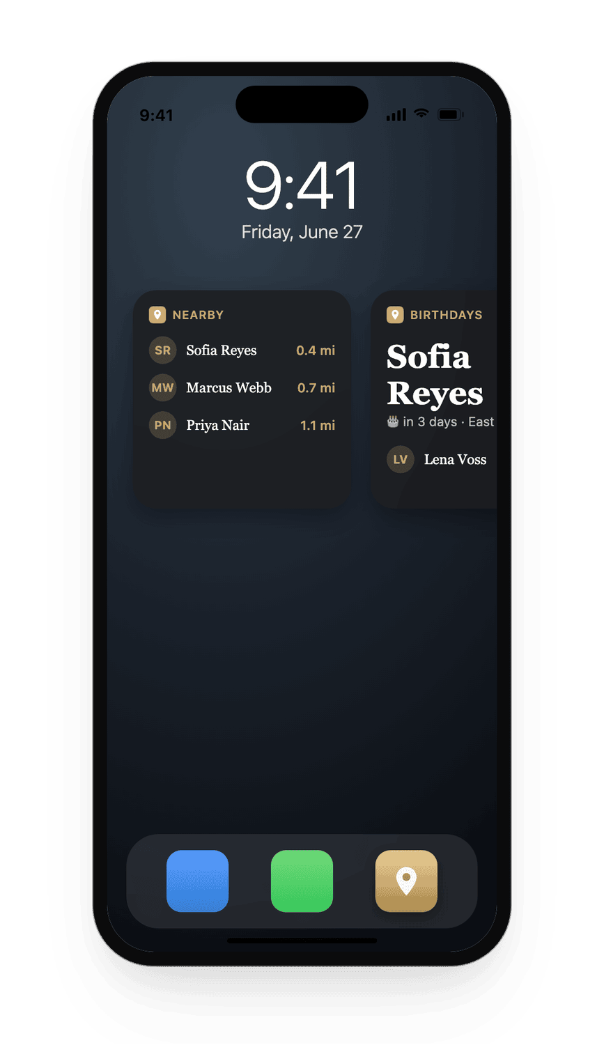 Home Screen widgets showing who is nearby and upcoming birthdays.