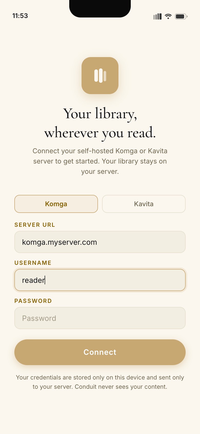 Conduit connect screen: choose Komga or Kavita and enter your server