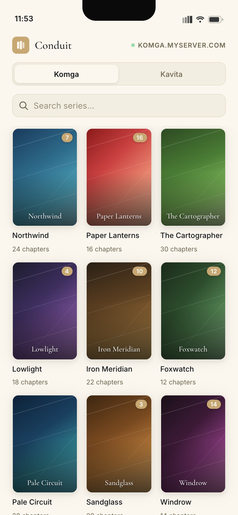 Conduit library: a grid of comic and manga covers with unread badges