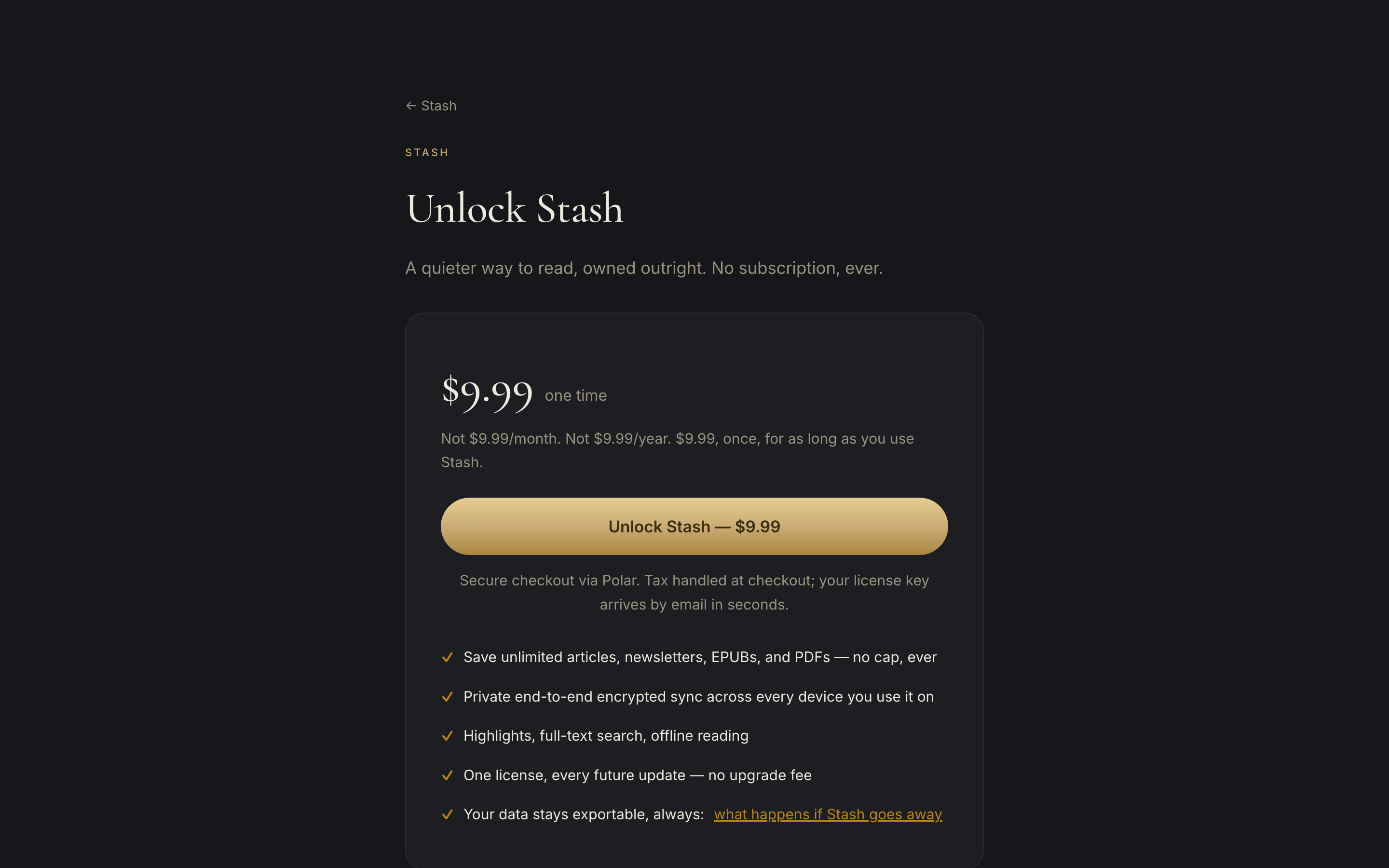The Stash buy page in dark mode.