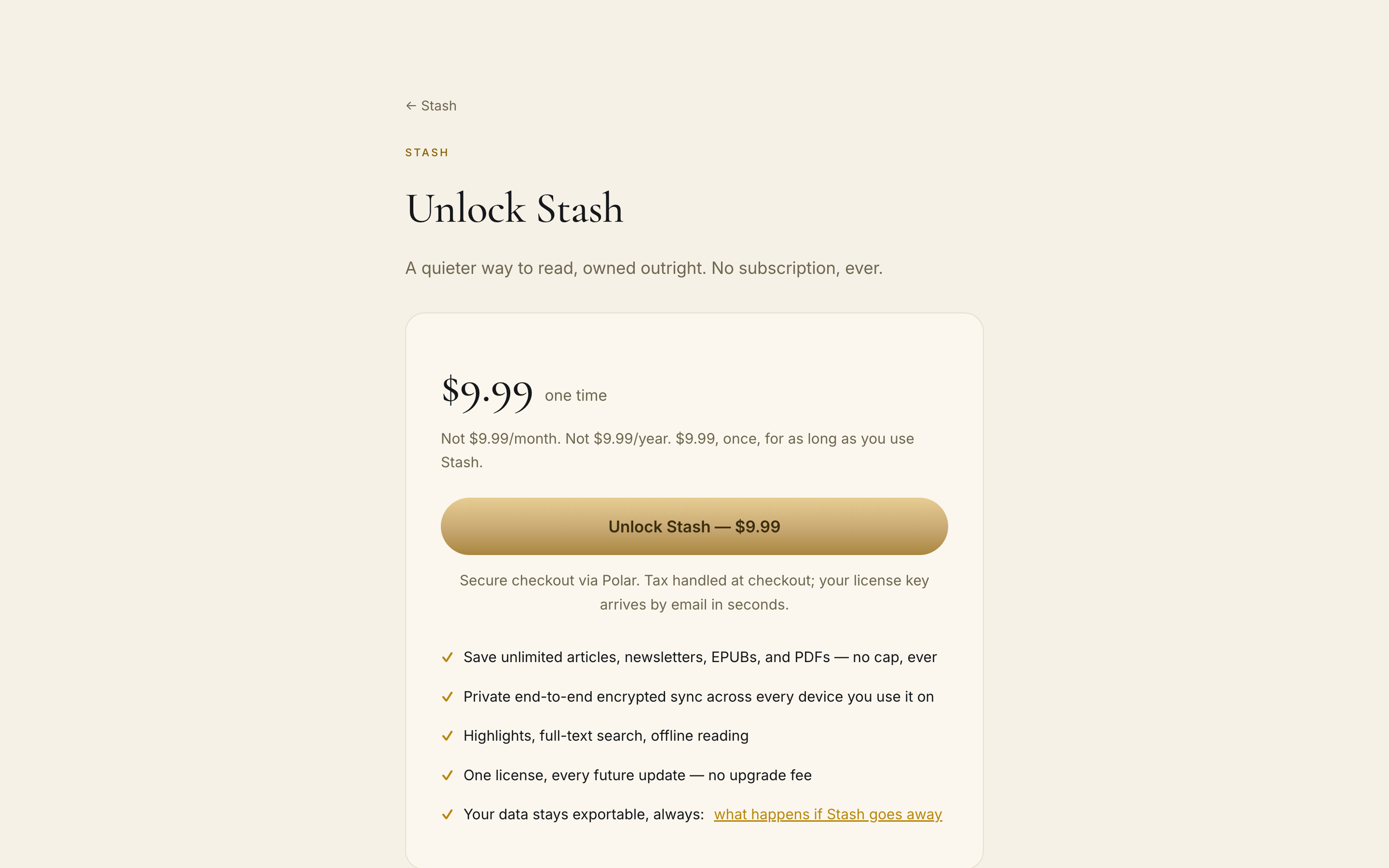 The Stash buy page: a $9.99, once price band, not a monthly or yearly plan.