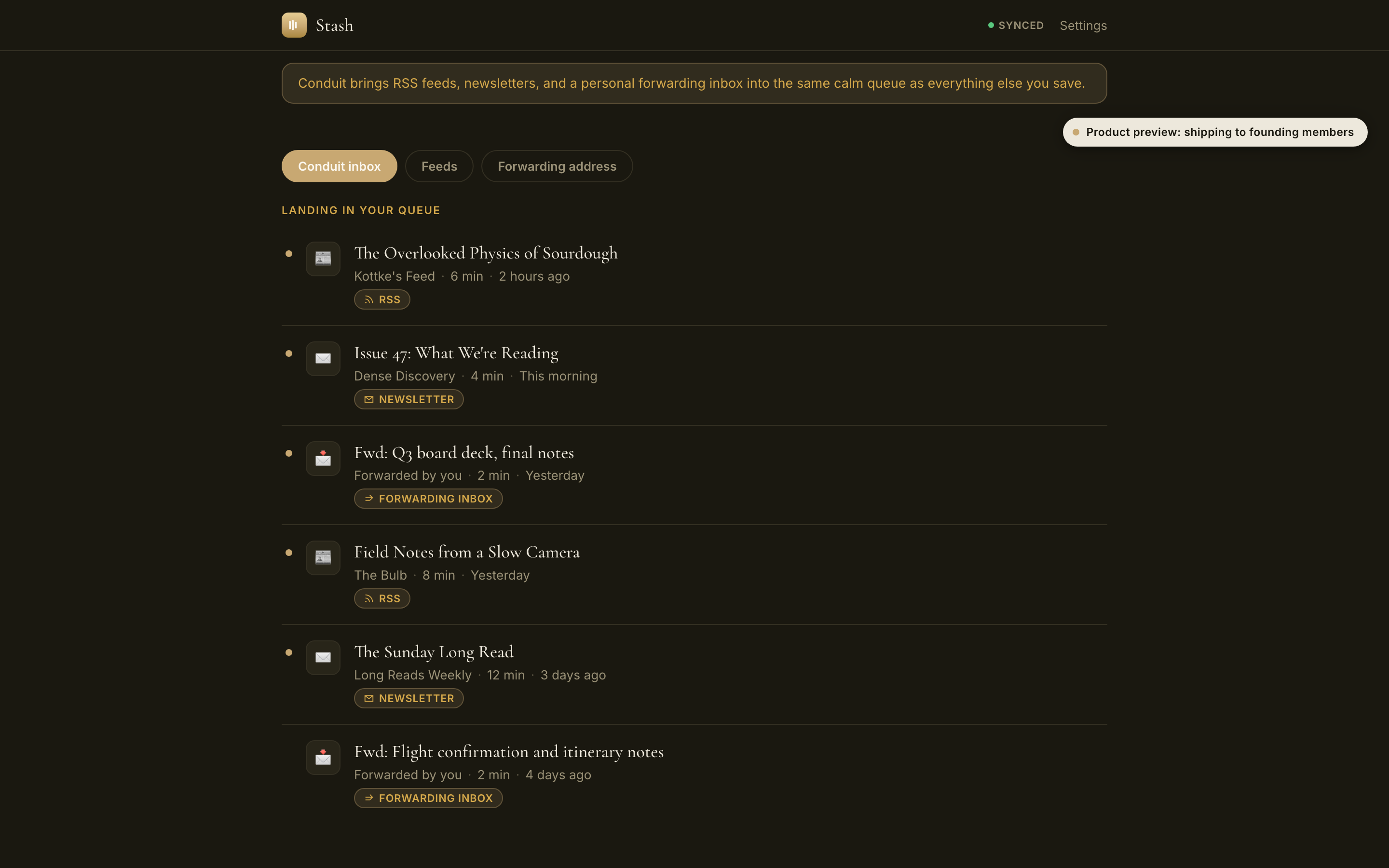 Concept mockup of Conduit, dark theme.