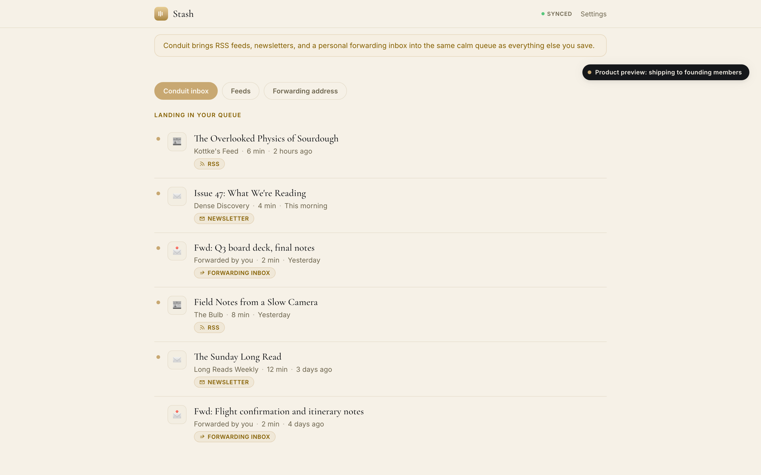 Concept mockup of Conduit: RSS, newsletter, and forwarding-inbox items landing in one unified queue.