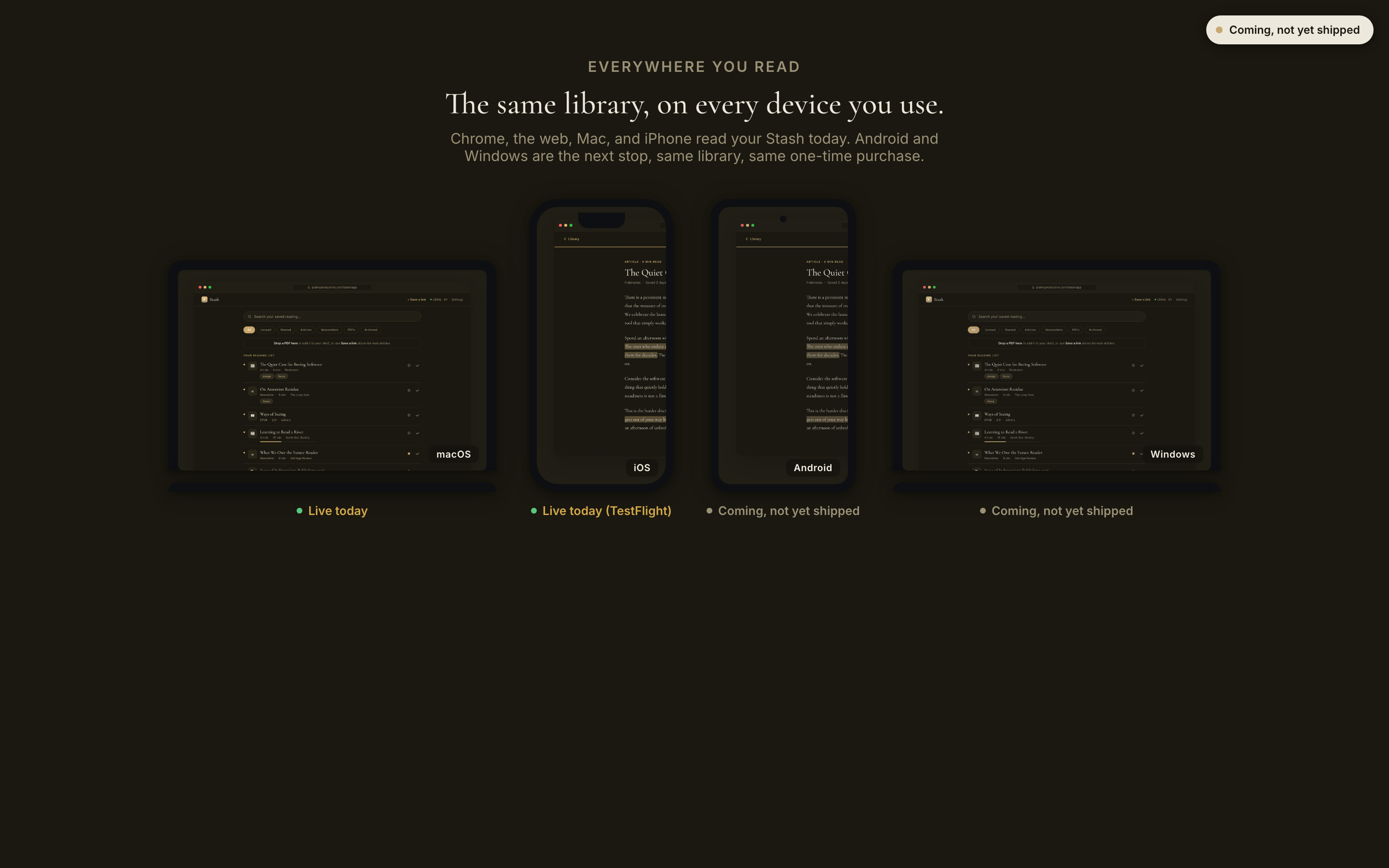 Concept mockup of Stash on Android and Windows, dark theme.
