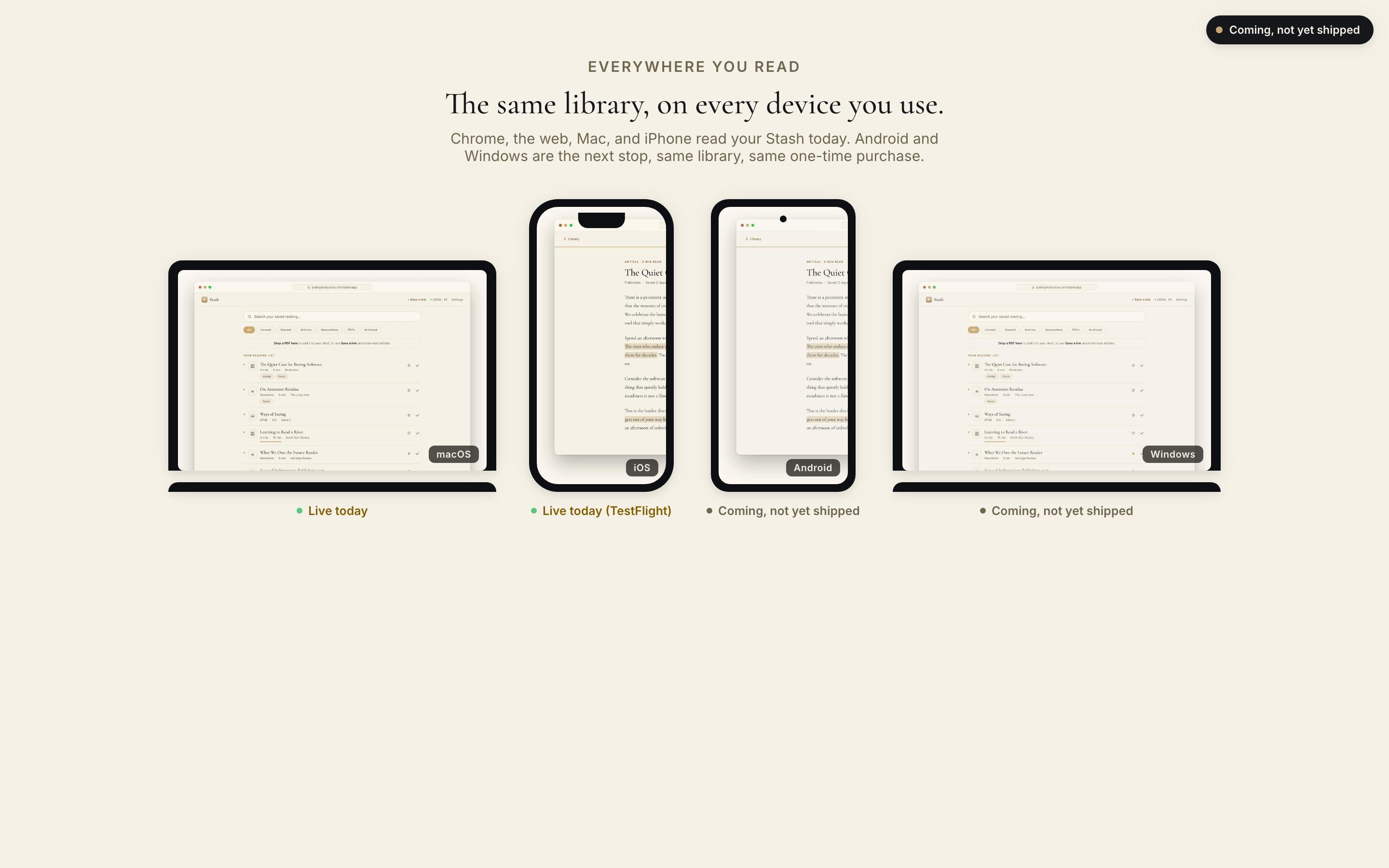Concept mockup of Stash's library open on Android and Windows, alongside the real Mac app.