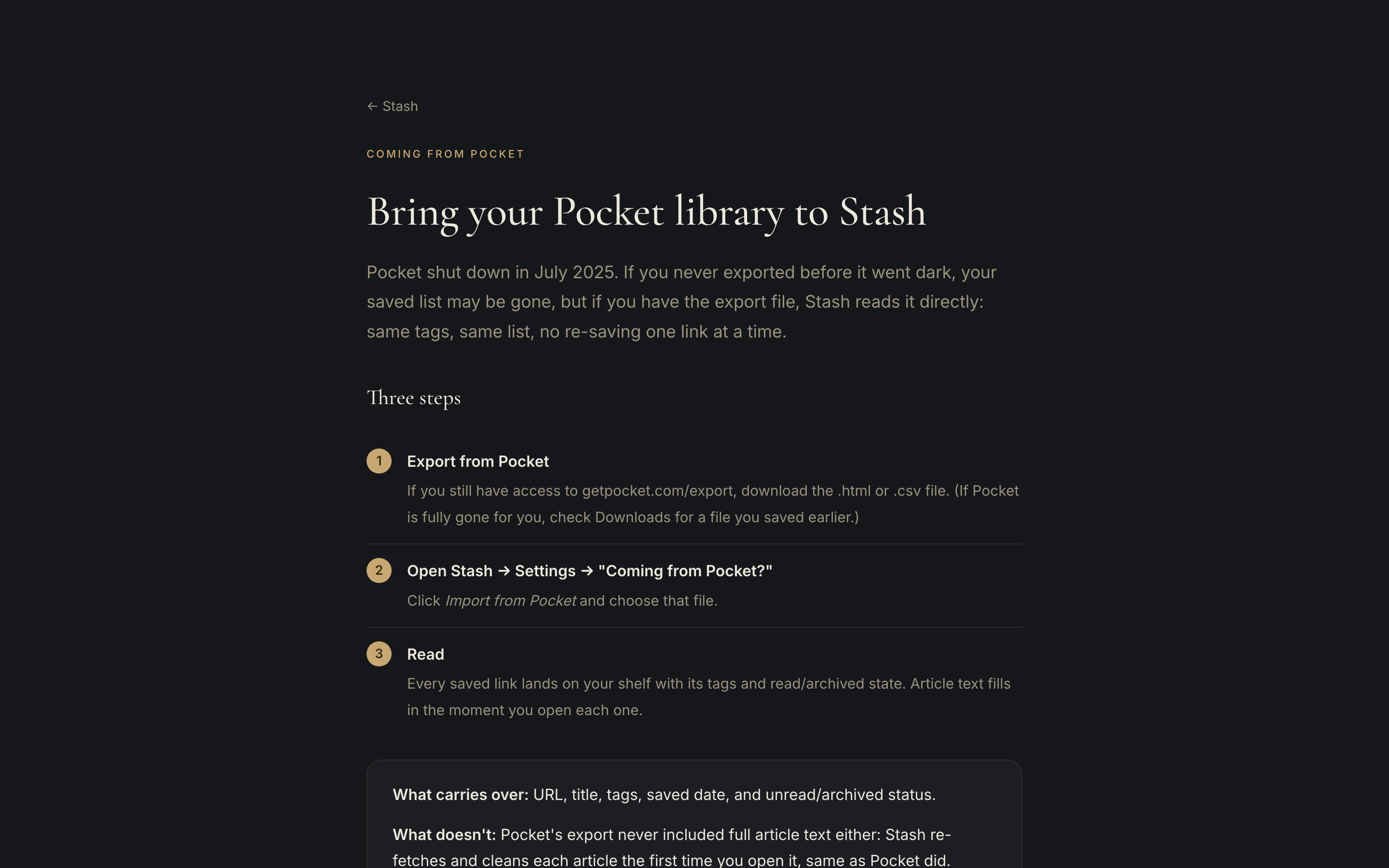 The Stash Pocket import page in dark mode.