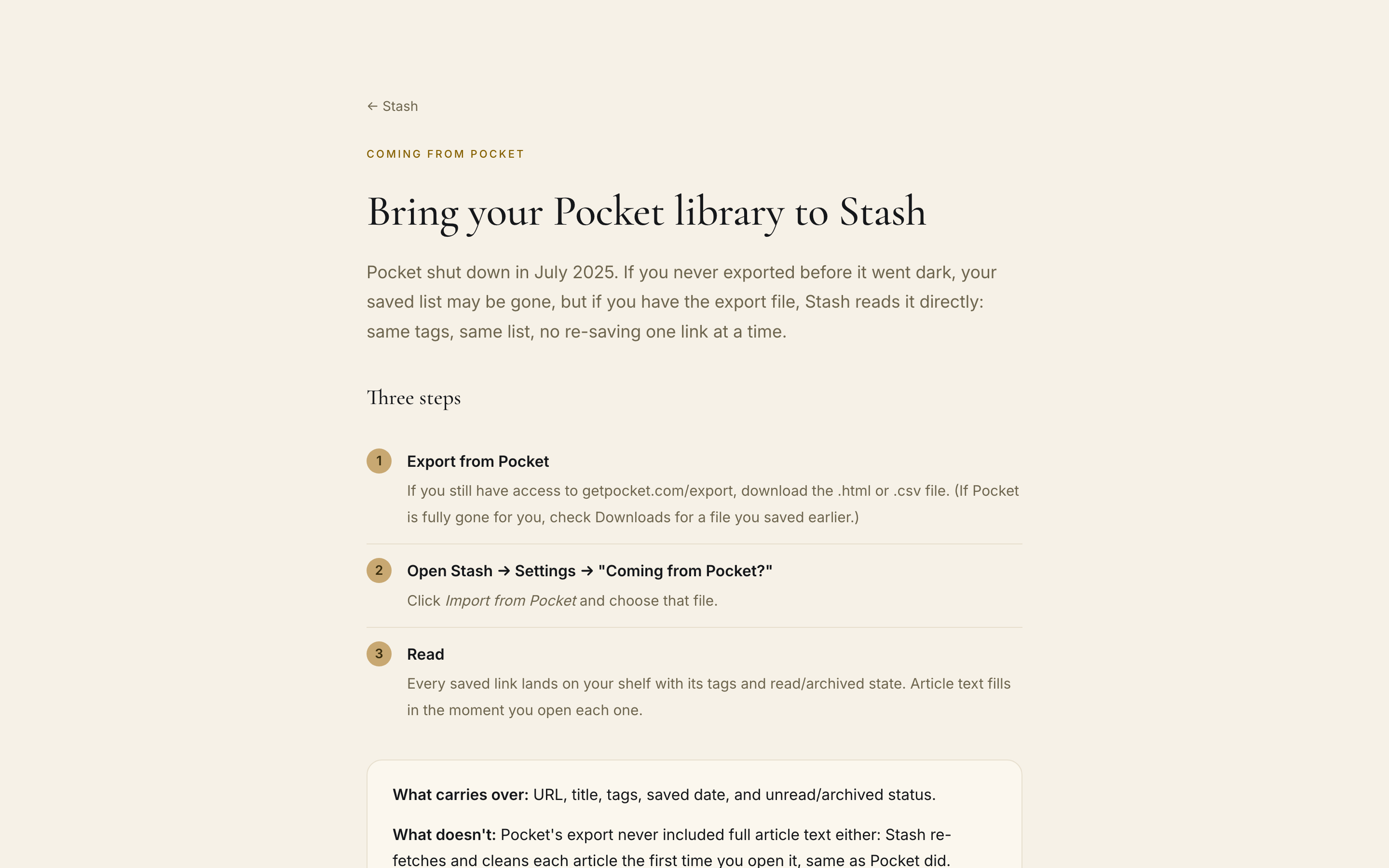 The Stash Pocket import page: drop in your Pocket export and your library lands on your shelf, tags included.