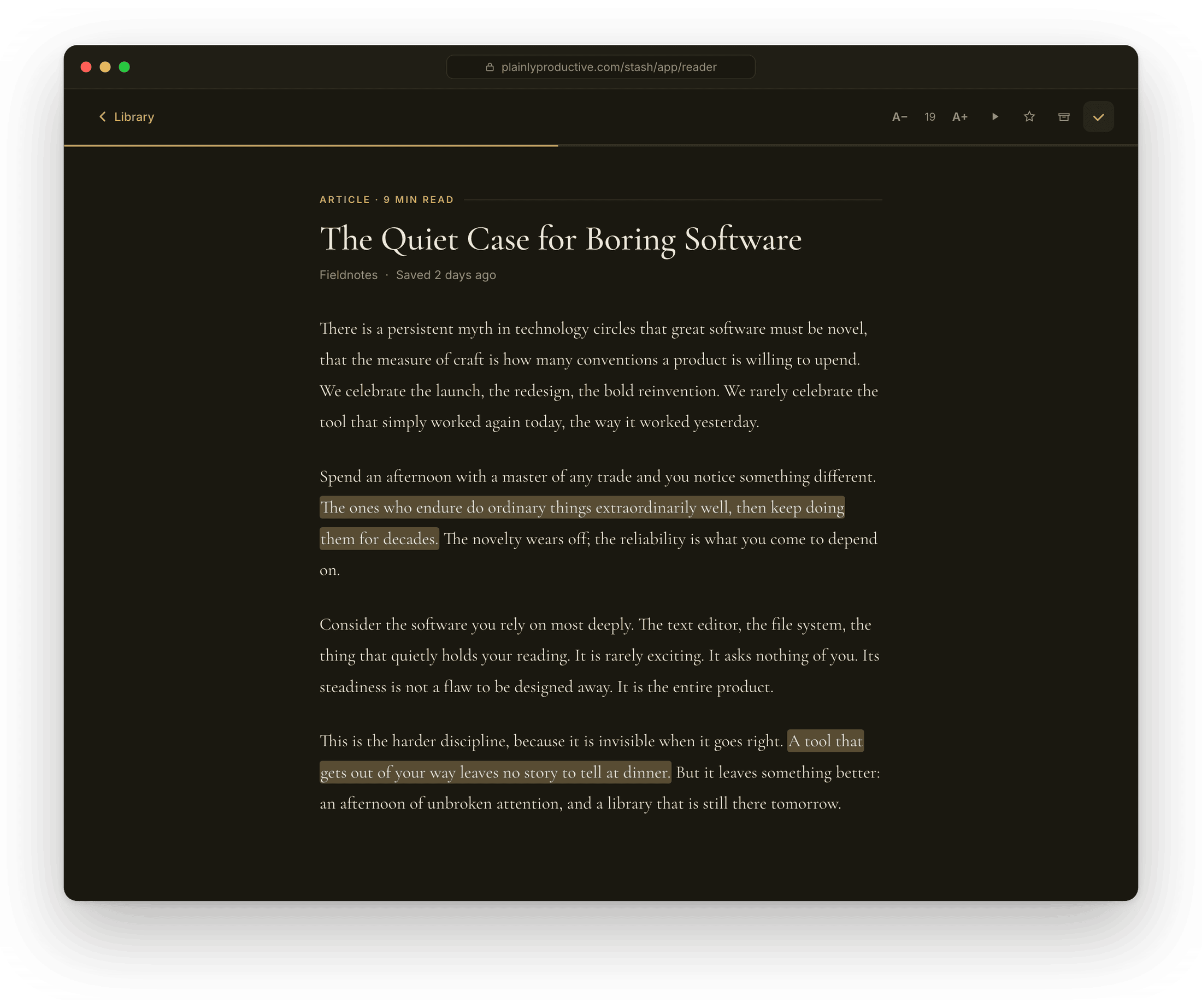 The Stash reader in dark mode, with highlighted lines.