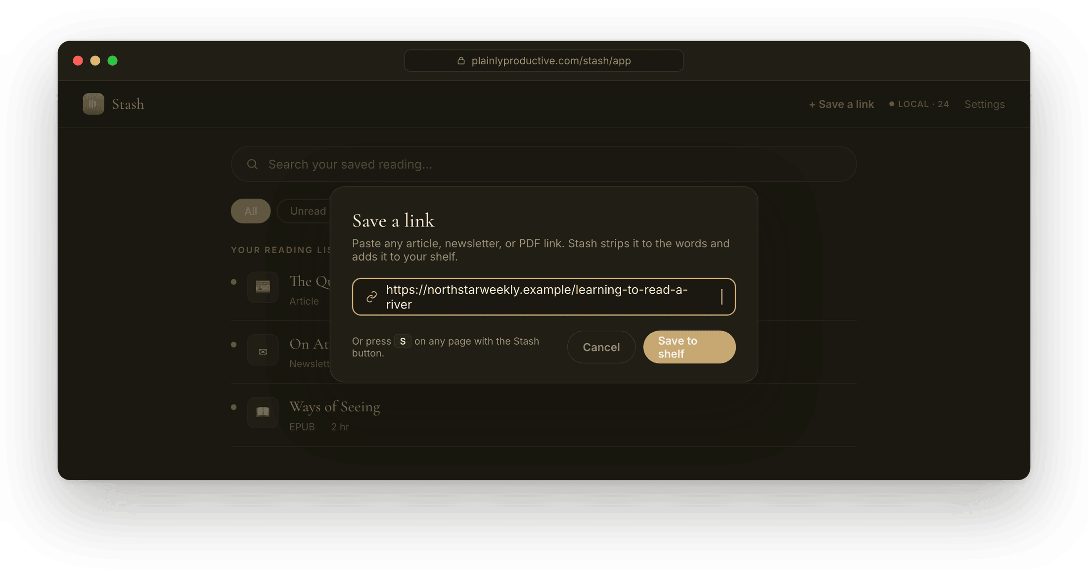 Saving a link in Stash, dark mode.
