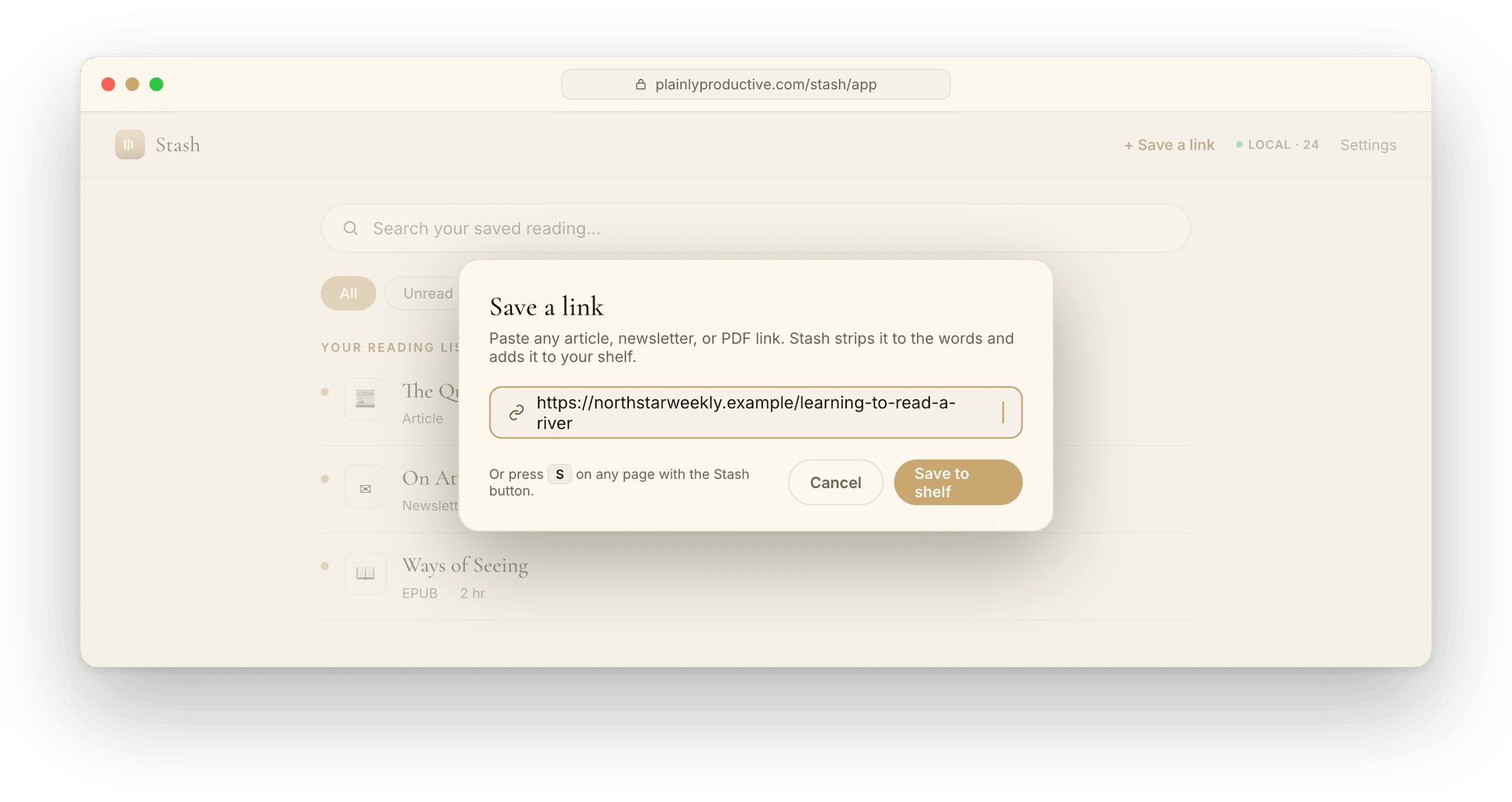 Saving a link in Stash: paste any article, newsletter, or PDF URL and it is stripped to the words and added to your shelf.