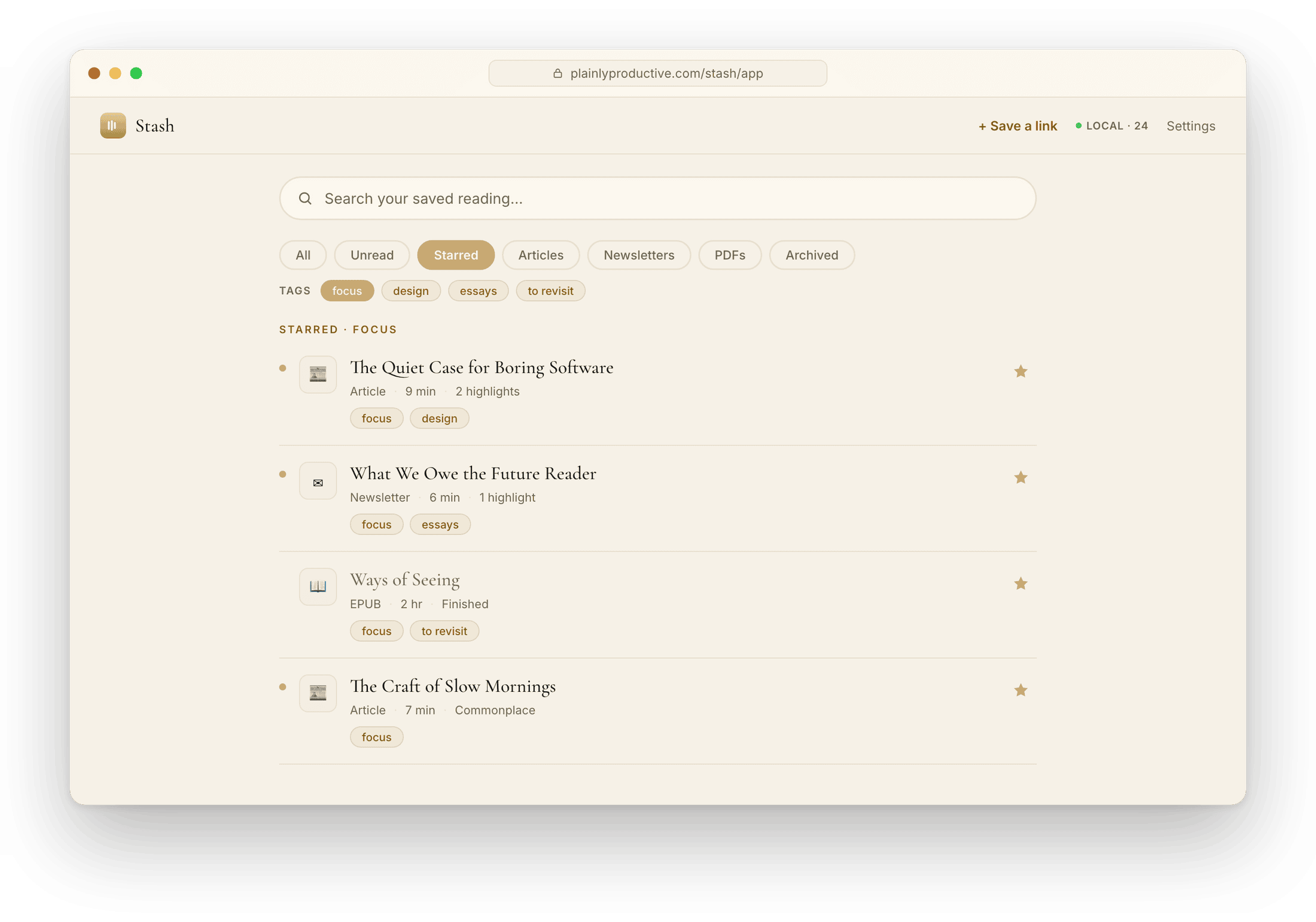 Stash filtered to starred items and the focus tag, each showing its highlight count.